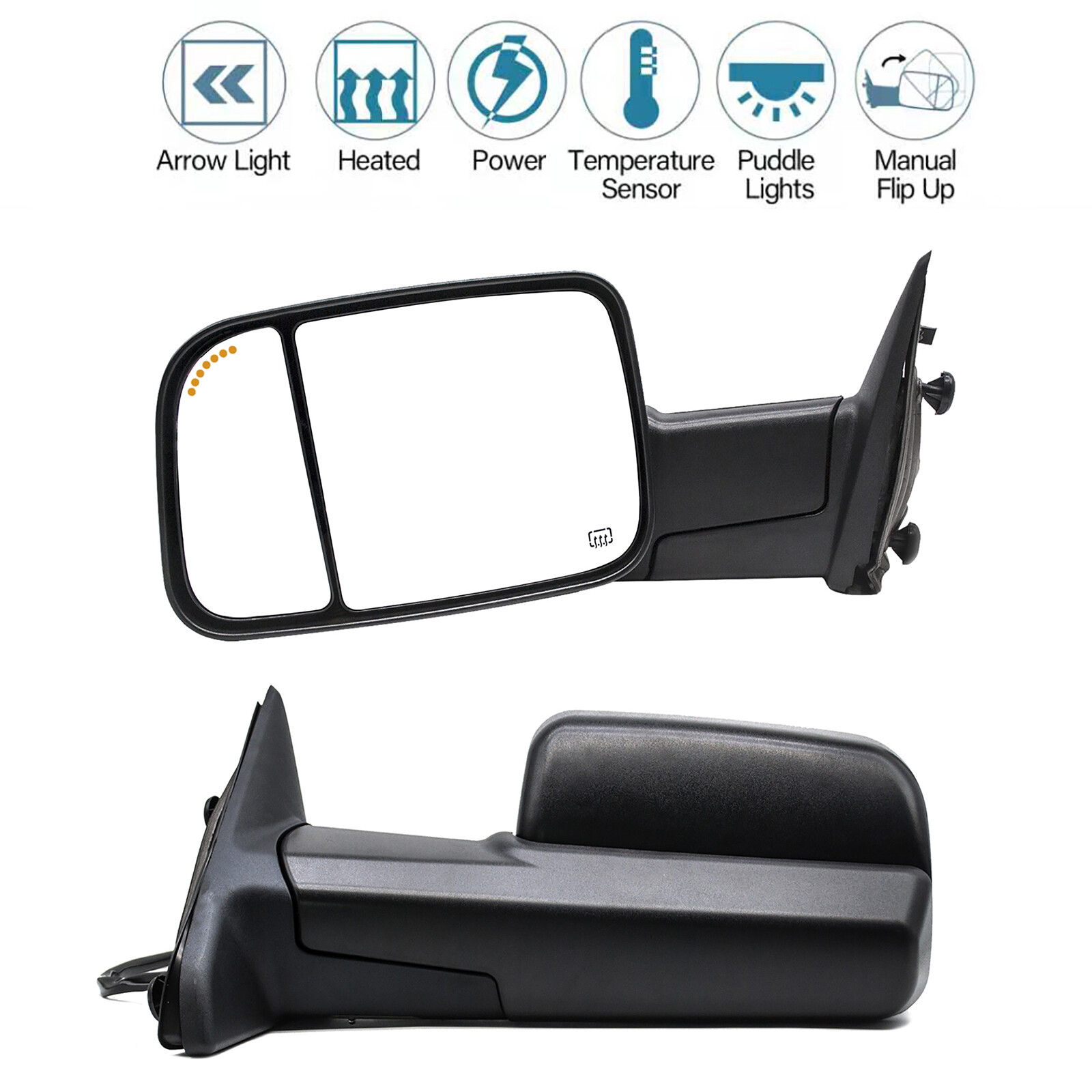 Tow Mirrors Power Heated Arrow Signal Fits 2009-2018 Ram 2500 3500 LH+RH Black