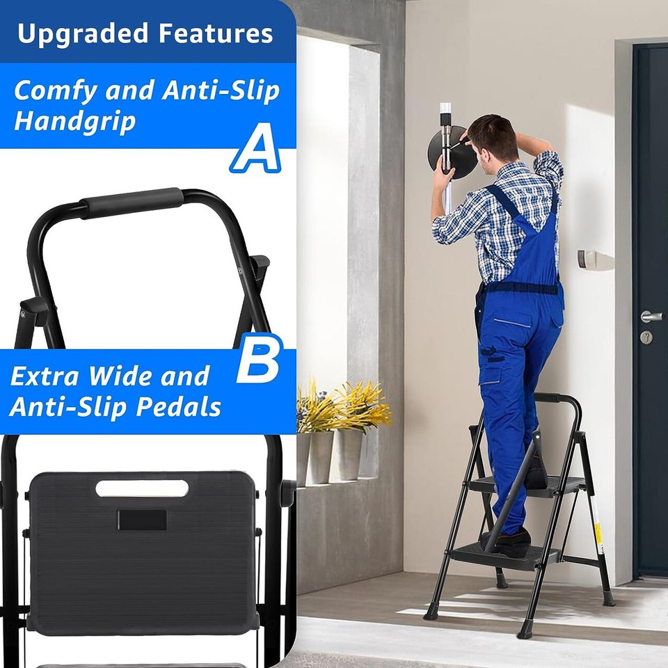 QRInnovations Folding 2-Step Ladder – 330lb Capacity, Black, With Soft Grip Handle (Open Box)
