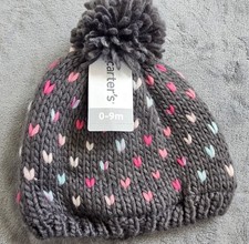 NWT Carter's Baby Girls 2-Piece Winter Hat  Mitten Set, Gray Hearts, Size 0-9M