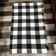 Pottery Barn Throw Blanket Black White Plaid 50x60” Acrylic Fringe Lightweight