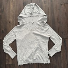 Minnie Rose Light Gray Distressed Hem Knit 100 Cotton Pullover Hoodie S