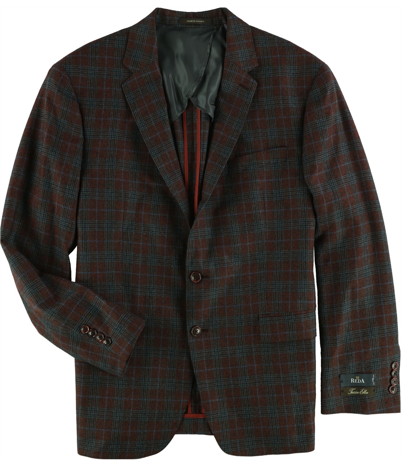 Tasso Elba Mens Plaid Two Button Blazer Jacket, Red, 44 Regular