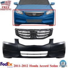 Front Bumper Primed + Grille Textured Black For 2011-2012 Honda Accord Sedan