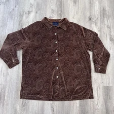 Charter Club Velvet paisley button up top Women XL western coastal cowgirl Brown
