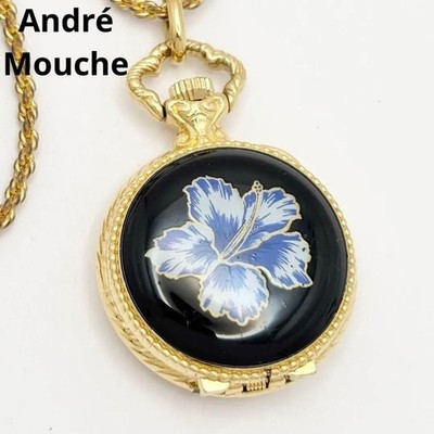 Andre Mouche Schweizer Quarz Anhänger Taschenuhr Schwarz Blau Floral Emaille