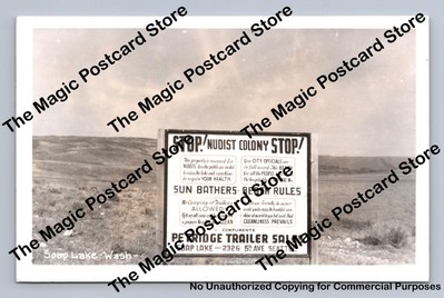 ''Stop! Nudist Colony'' Sign RPPC Soap Lake Washington Petridge Trailer Photo 1960