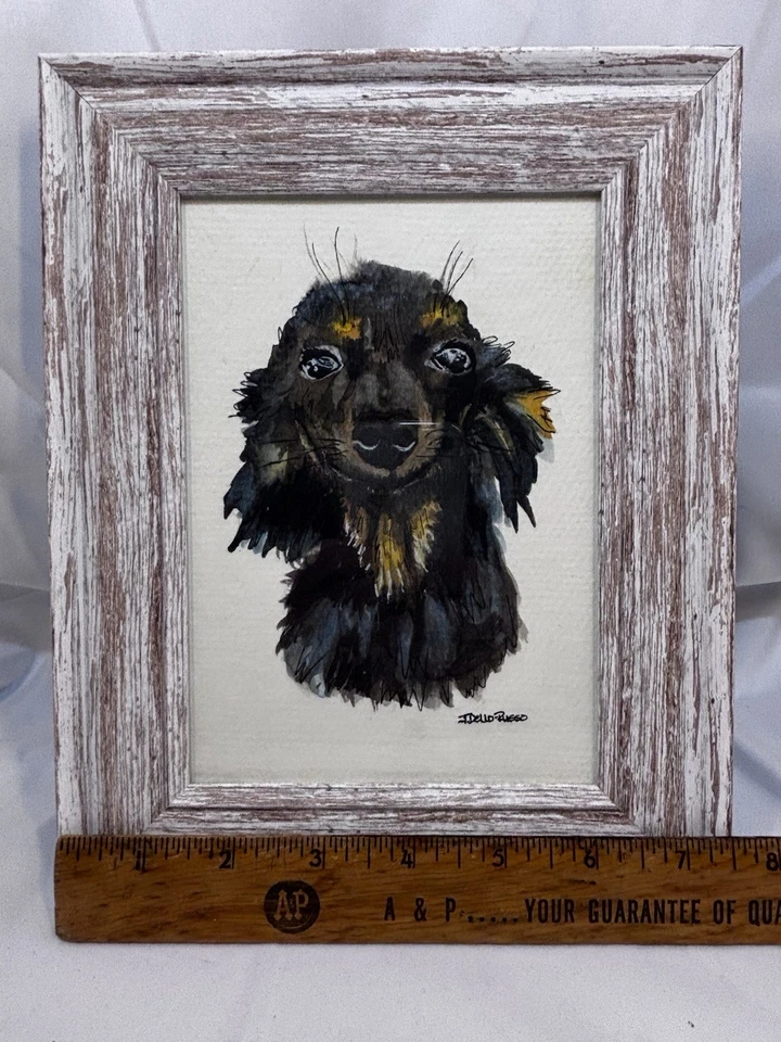 "Acuarela artística arte original de un Dachshund sonriente firmado enmarcado 9,5"" Hx7,5"" L" Foto 4 de 4