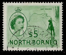 NORTH BORNEO QEII SG385, $5 emerald green, FINE USED. Cat &pound;38.