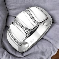 Damen Ring 925 Sterling Silber 15 Zirkonia Und WeißE Emaille-Einlage