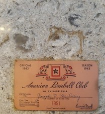 1943  Season American Baseball Club  Philadelphia Pass Ticket Signed Connie Mack