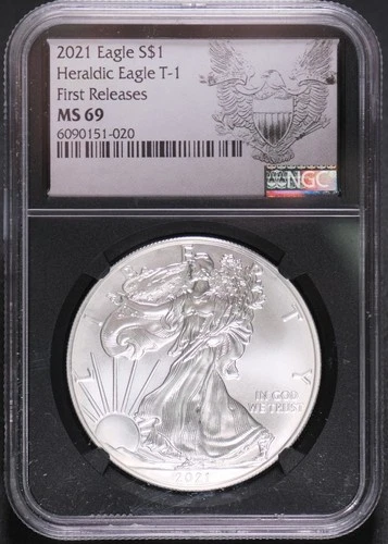 2021 SILVER EAGLE NGC MS69 1 OZ. SILVER HERALDIC EAGLE T-1 1ST RELEASE BLACK COR