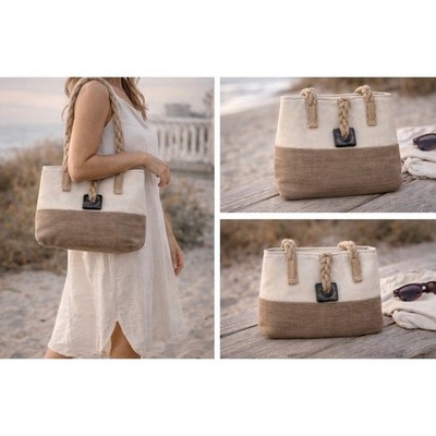 Coastal Rope Handle Canvas Tote Bag Neutral Beach Boho Resort ShopperGrandma