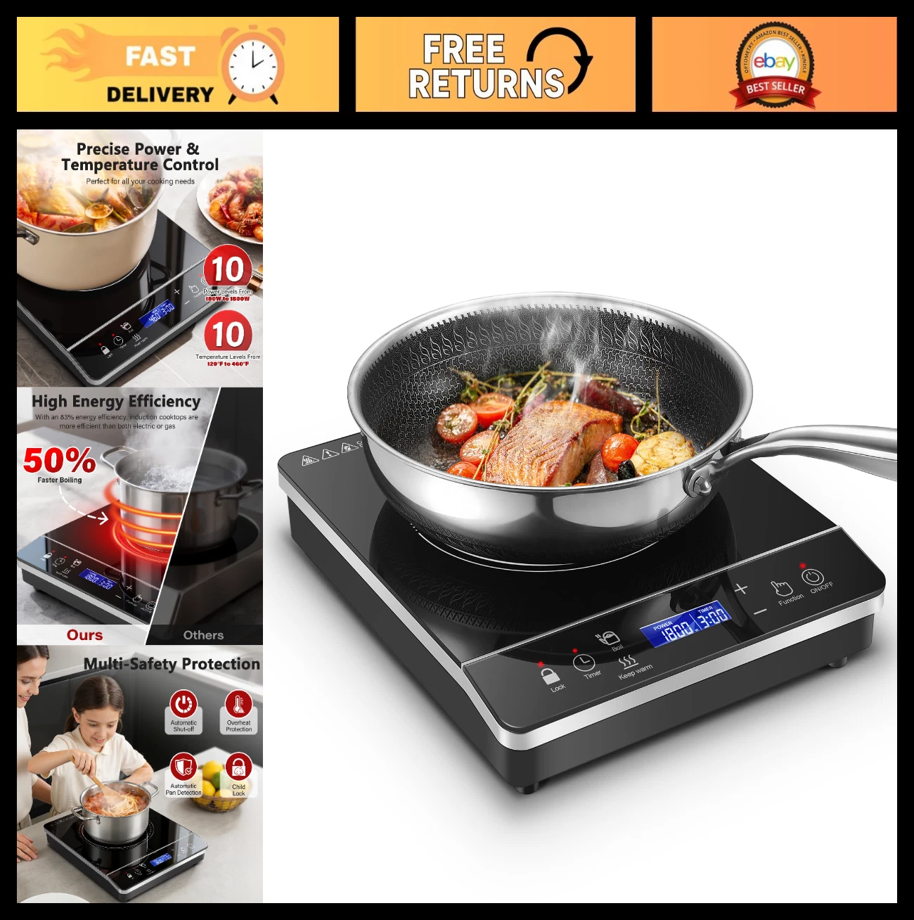 1800W Portable Induction Cooktop with LCD Touch, 20 Cooking Modes, Timer & Safet