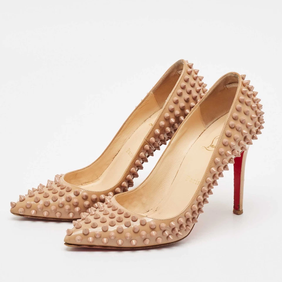 Christian Louboutin Beige Patent Leather Pigalle Spikes Pointed Toe Pumps Size - Image 2 of 4