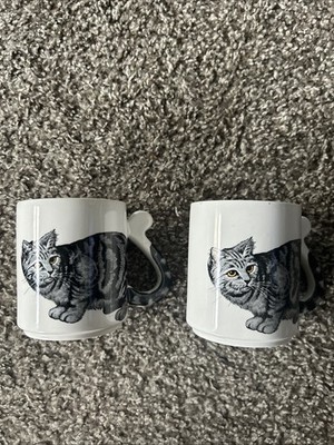 Kitty Cat Tail Handle Coffee Cup Mug Gray Tabby Cat Vintage Retro Cute Set Of 2