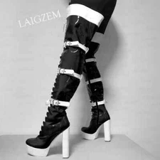 Women Over Knee Boots Platform Full Zipper Thick High Heels Patchwork Boots Shoe