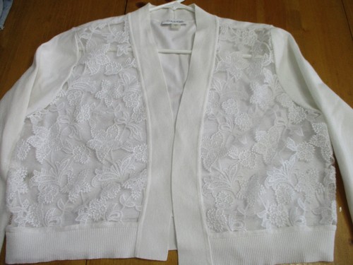 Women’s Calvin Klein White Cropped Long Sleeve Open Front Sweater,Lace Front,LG - Picture 9 of 9