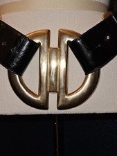 Vintage 90s Y2k Cache Gold Large Buckle Black Leather Belt 29-32