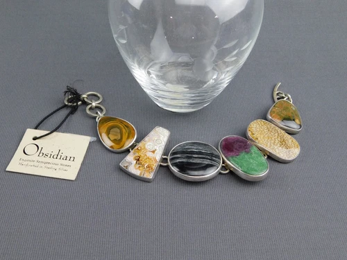 Sterling Silver and Genuine Stone Bracelet Signed Designer Obsidian Brand Adj