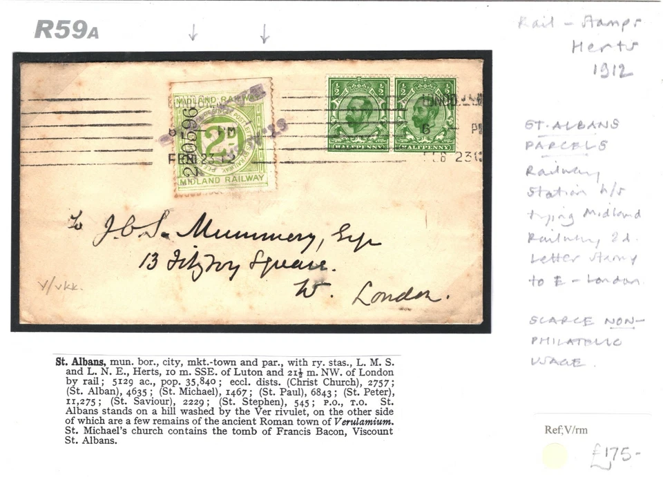 GB RAILWAY LETTER St Albans Station Herts 2d RLS Downey Cover 1912 London R59a  - Image 2 of 4