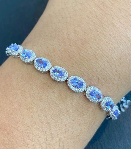 NATURAL TANZANITE 5X3 WHITE CZ STERLING SILVER 925 BRACELET - 第 1/7 張圖片