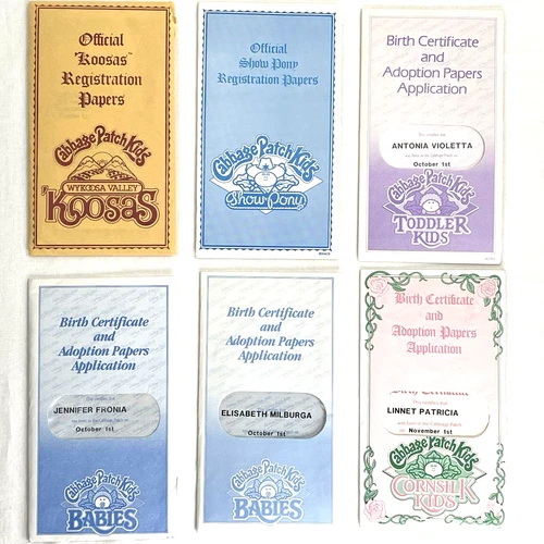 11  VTG Cabbage Patch Doll Birth Certificate Adoption Registration Papers 83-88