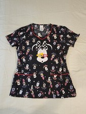 Disney Minnie Mouse Scrub Top Womens Small Black All Over Print Two Pocket TF634