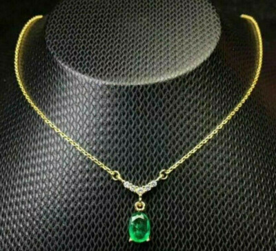 2Ct Oval Cut Emerald & Diamond Pendant 14K Yellow Gold Finish With free chain 