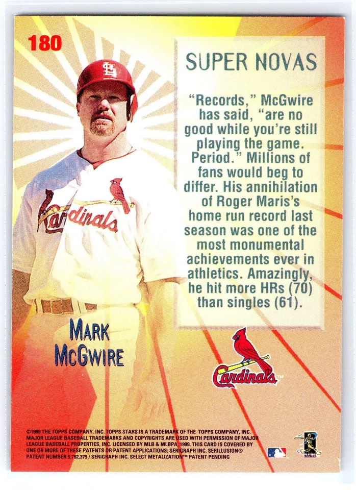 MARK McGWIRE 1999 Topps Stars SUPER NOVAS St. Louis Cardinals Baseball Card #180 - Image 2 of 2