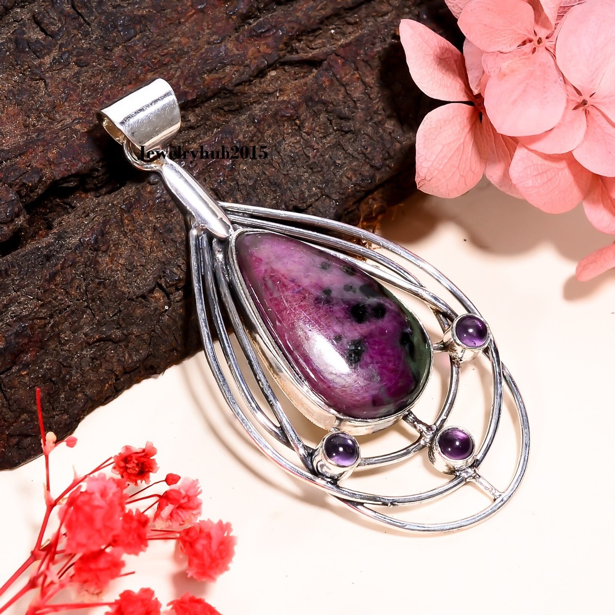 Ruby Zoisite Amethyst Vintage Handmade 925 Sterling Silver Pendant