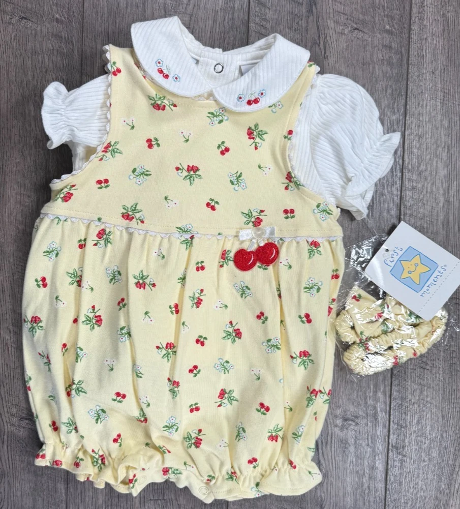 Baby Girl Clothes New Vintage First Moments 6-9 Month 3pc Cherry Romper Outfit