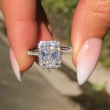 Solid 14K White Gold Moissanite Halo Wedding Engagement Ring 3 Carat Radiant Cut