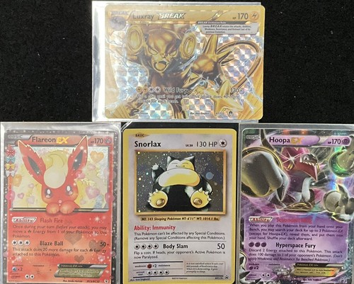 Pokémon Sammlung 4 Karten - Snorlax, Flareon EX, Luxray Break, Hoopa EX