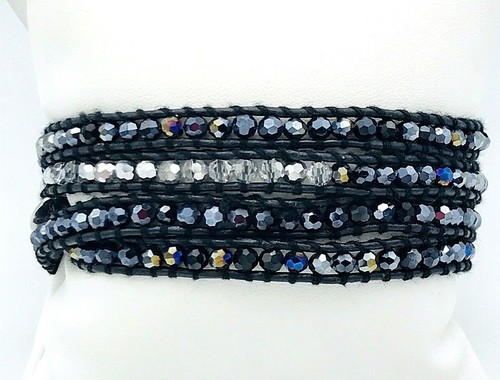 Multiple Wrap Leather Bracelet Faceted AB Black Metallic Silver Beads - Picture 4 of 6