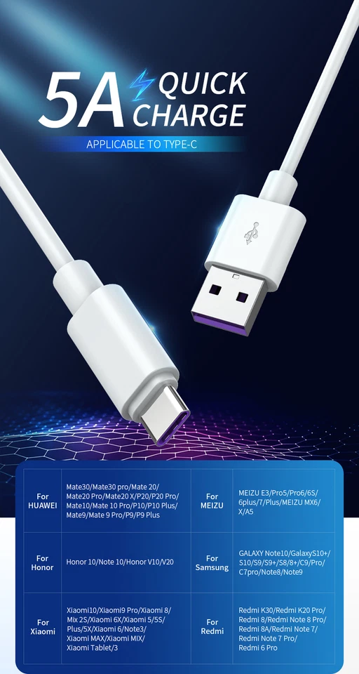 USB Type C Data Cable 5A Fast Charging USB-A to USB-C Charger lot Cord For Phone - Image 2 of 4