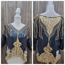 Vintage silk sequin beaded dolman 3/4 sleeve evening/disco blouse