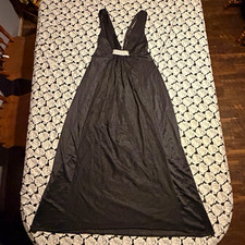 Vintage 70s Black Maxi Gown S Liquid Knit Tri-Cut Sheer V-Neck Silver Crochet