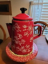 Temp-tations By Tara 2 Qt/2 L Metal Tea Kettle Teapot Stovetop-Safe Red Floral