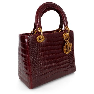 72578 auth CHRISTIAN DIOR burgundy shiny CROC LADY DIOR MEDIUM