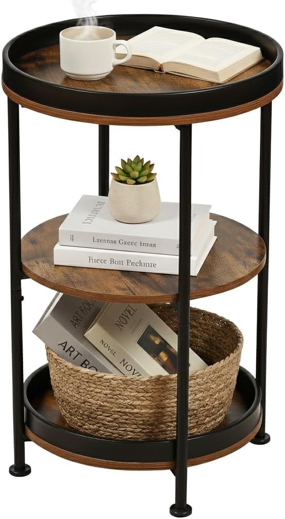 Industrial Nordic End Table, 3-Tier Round Side Table with Storage Shelf Edge Pr
