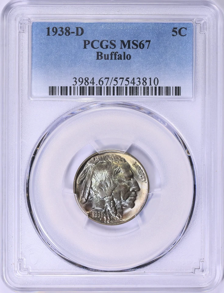 1938-D Buffalo Nickel PCGS MS-67 Toned End Roll Album Toning Yellow Orange Red - Image 2 of 4