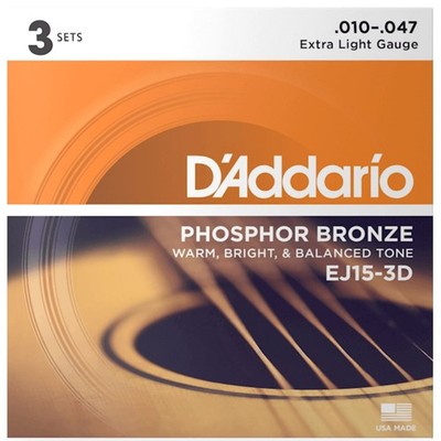 D'Addario EJ15-3D Phosphor Bronze Acoustic Guitar Strings, Extra Light, 3-Pack