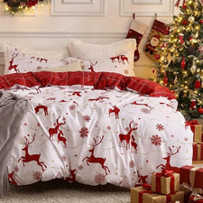 Reversible Christmas Duvet Cover Set, Queen, Soft Microfiber, Red, 2 Shams