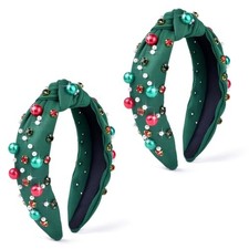 2Pcs Christmas Headband Green Pearl Rhinestone Beaded Hairband 2 Pack Green