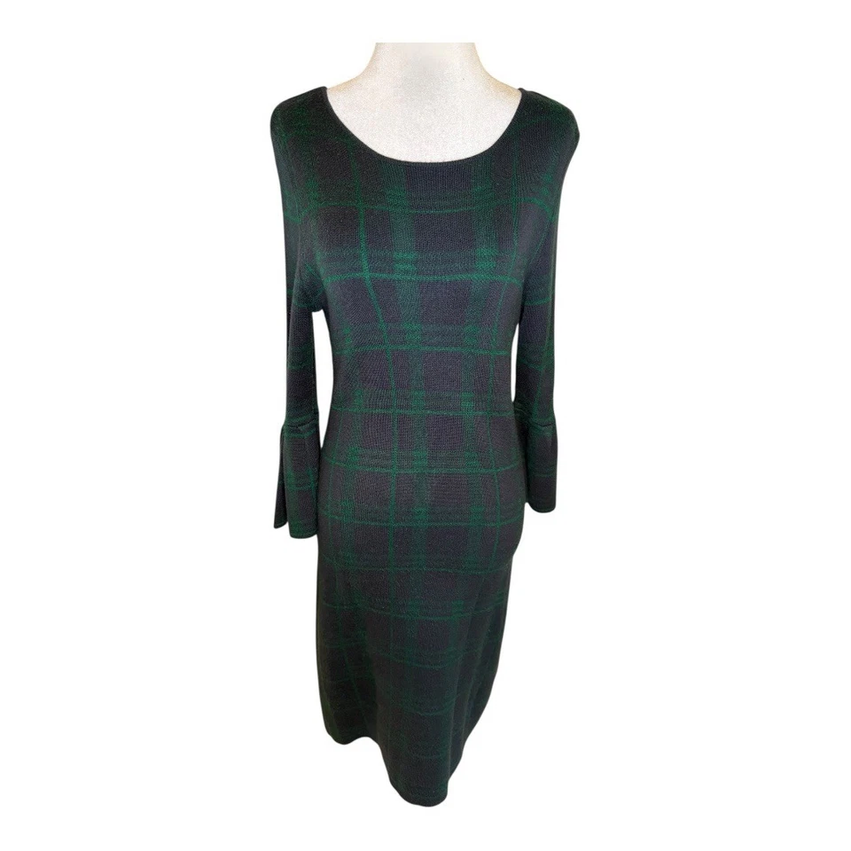 NY Collection Plaid Sweater Dress Bell Sleeve Knee Length Women's Size Small - Image 2 of 4