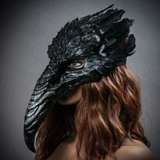 Black Bird Curved Beak Long Nose Skull Face Mask Top Feather Halloween Costume