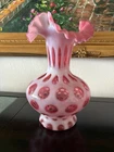 Fenton Coin Dot 10 1/2" Cranberry Opalescent Glass Double Crimped Vase.  Mint!