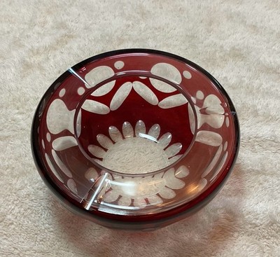Ruby Red Cut Glass Ashtray Egerman Bohemian Czechoslovakian Art Glass