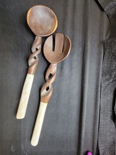 Set Of Two Vintage Carved Wood with Bone Handle Serving /Salad utensils 7.25 "