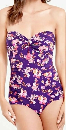 Watercult Bohemian Bandeau Swimsuit 8 B Purple Floral Non Wired Padded Halter - Picture 8 of 12